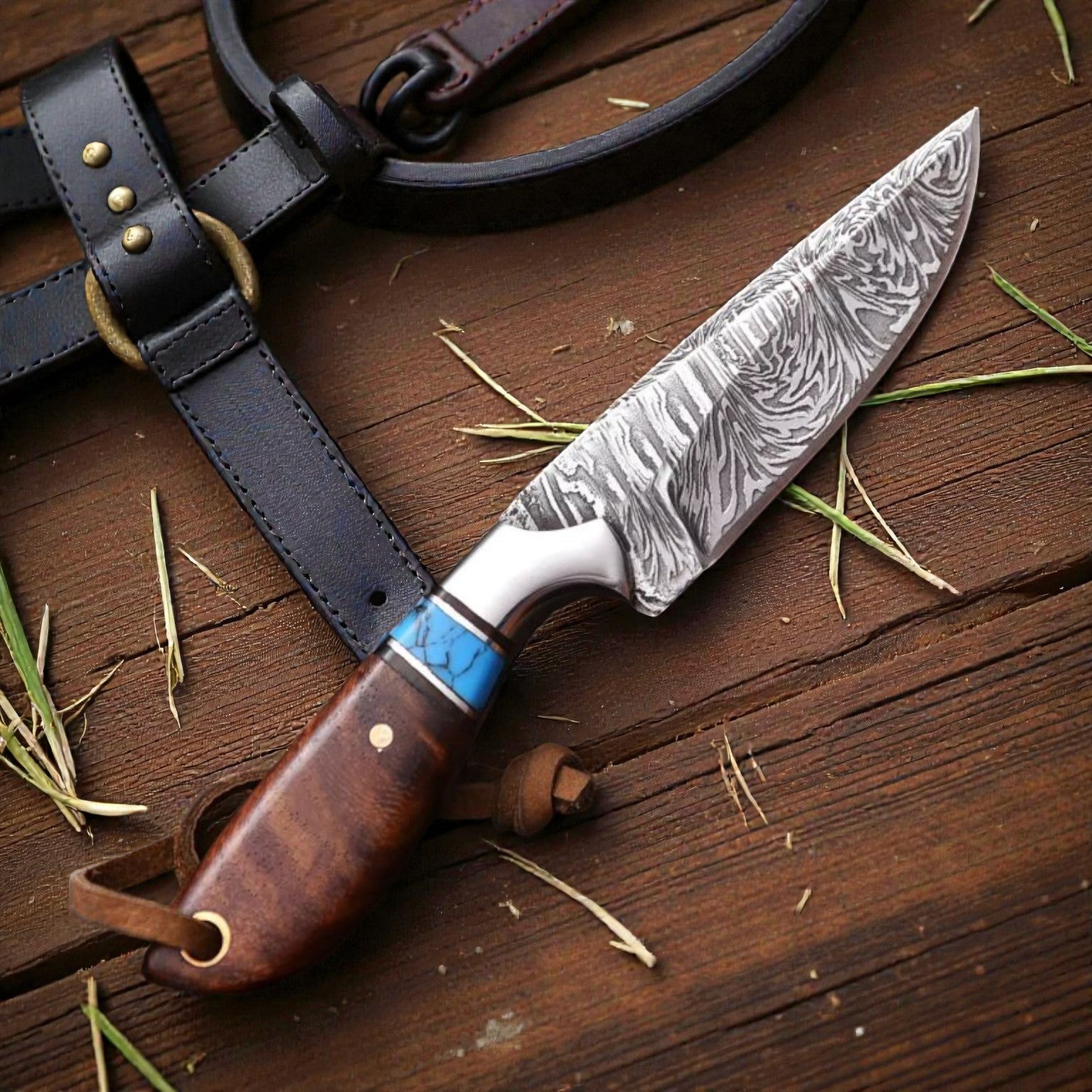 Damascus Cowboy Hunting Knife | Rosewood Handle | Pancake Sheath