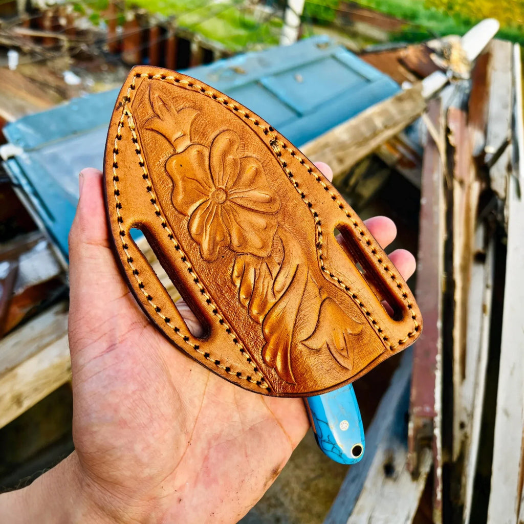 Cowboy Hunting Knife Damascus Steel Marble Handle