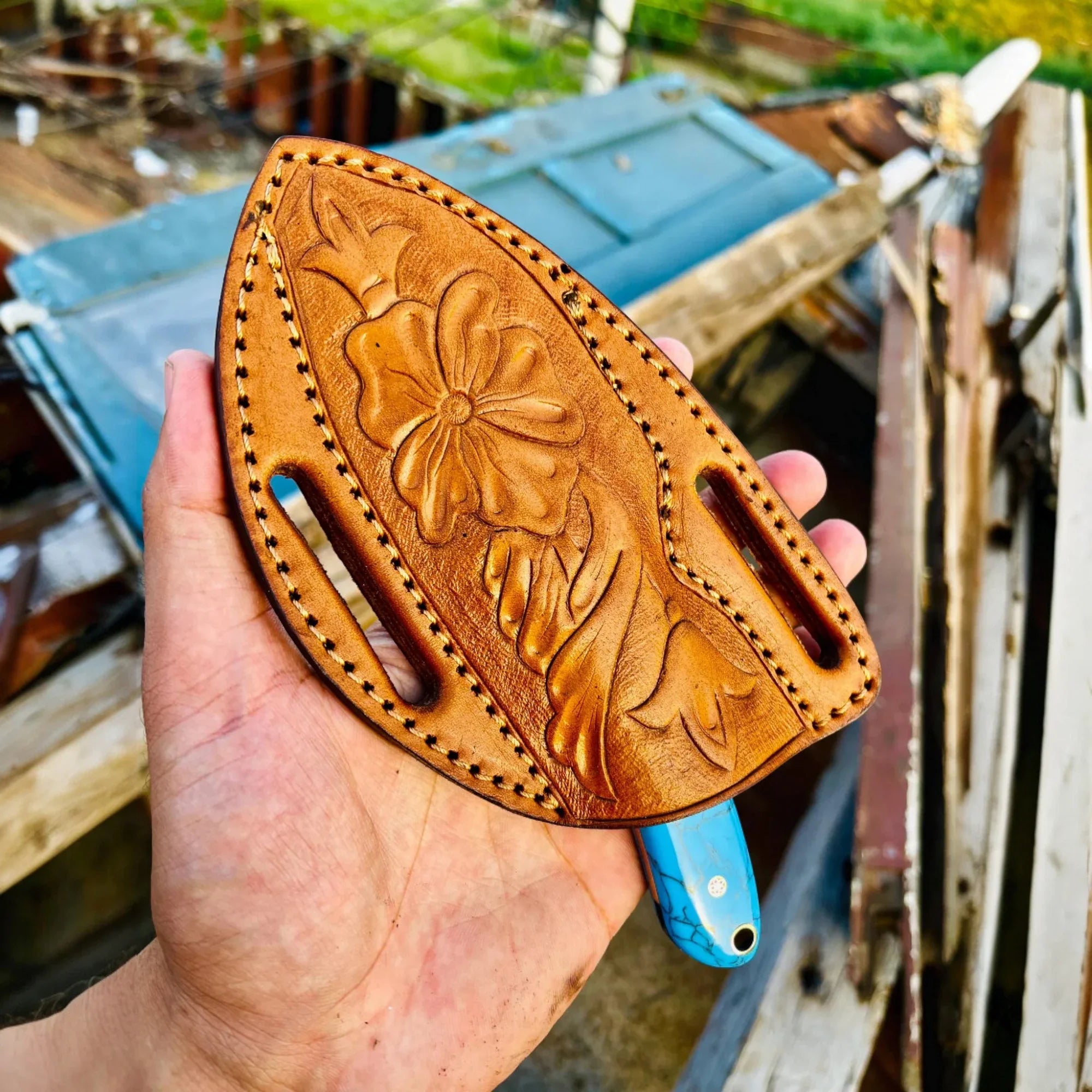 Cowboy Hunting Knife Damascus Steel Marble Handle