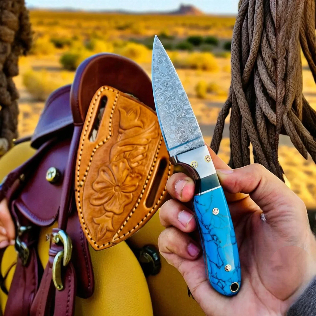 Cowboy Hunting Knife Damascus Steel Marble Handle