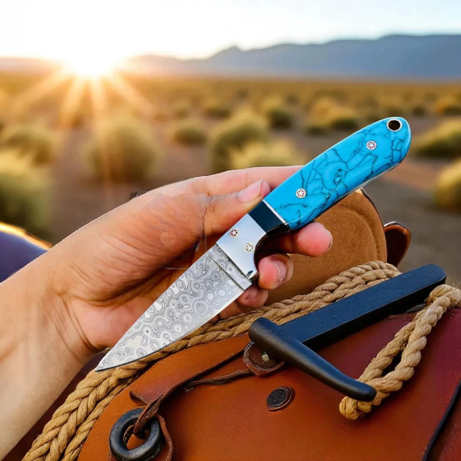 Cowboy Hunting Knife Damascus Steel Marble Handle