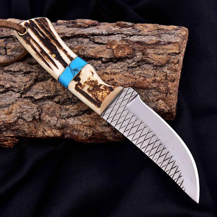 Cowboy Knife D2 Steel 5mm Antler Turquoise Handle