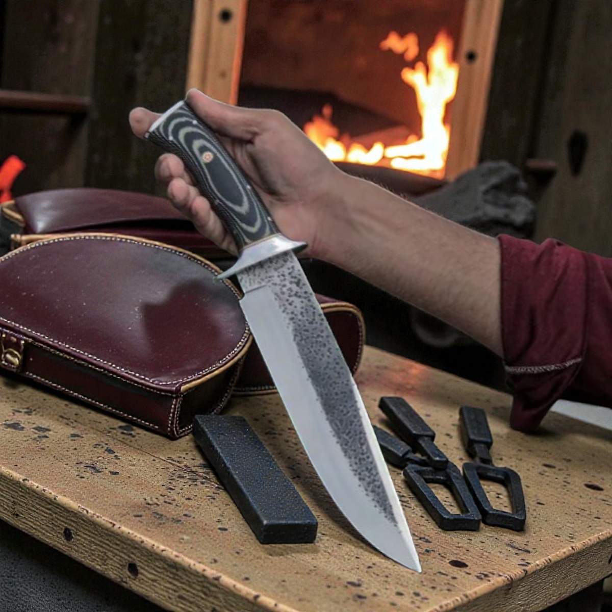 D2 Steel Bowie Knife G10 Handle Leather Sheath