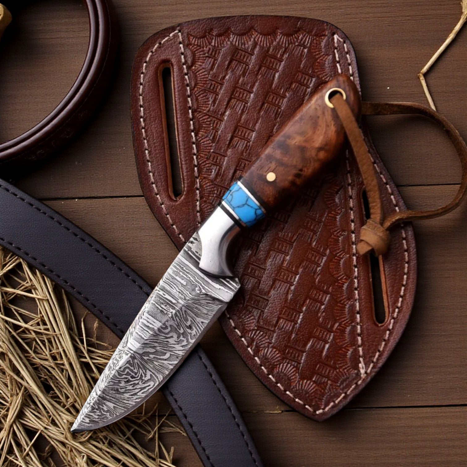 Damascus Cowboy Hunting Knife | Rosewood Handle | Pancake Sheath