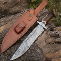 Damascus Stag Bowie Knife with Leather Sheath