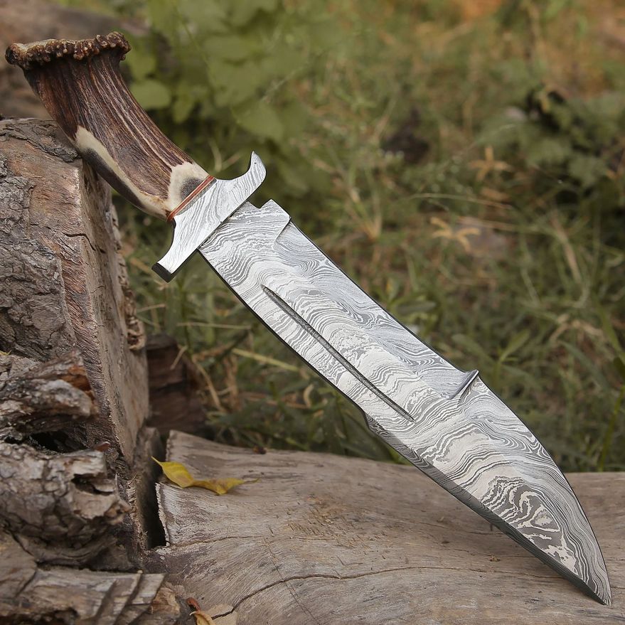 Damascus Stag Bowie Knife with Leather Sheath